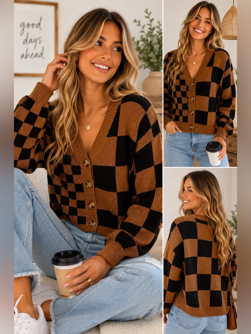 Mittoshop Checkered Cardigan Sweater | Large | Brown & Black Trendy Knit